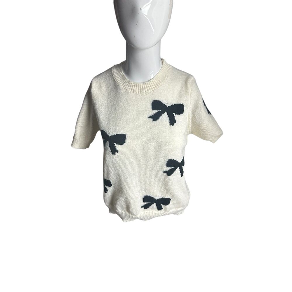 Womens Knit Short Sleeve Blouse w/ Bow Accents Crew Neck Sz M B&W